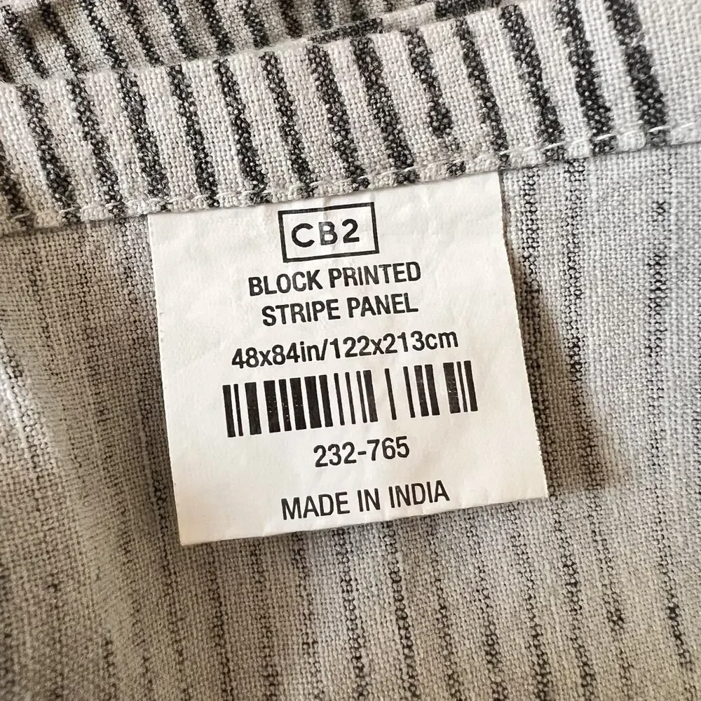 4 CB2 Block Printed Stripe Panel Gray Linen Blend Curtains 48